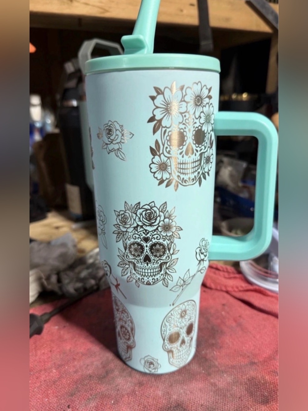 Mint Sugar Skull Travel Mug with Handle